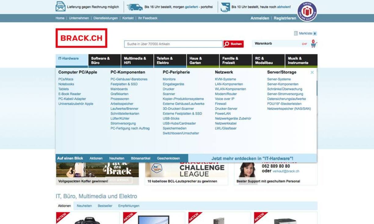 B2C - Electronics & Media 
brack.ch
Es ist offensichtlich, dass bei Brack im vergangenen Jahr am  Online-Shop gearbeitet und optimiert wurde. Augenfällig ist die übersichtliche Erweiterung der Navigation. Auch viele Details wurden optimiert, sodass das Einkaufserlebnis flüssig, die Suche effizient und der Checkout bequem sind. Doch auch die Produktpräsentation inklusive der umfangreichen Informationen überzeugen.