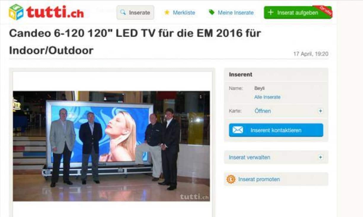 Bei der Inserate-Plattform Tutti ist im Moment ein grosser Fernseher im Angebot. Das 117-Zoll-Display kommt nicht ganz billig: Der Verkäufer möchte 56'000 Franken dafür haben.