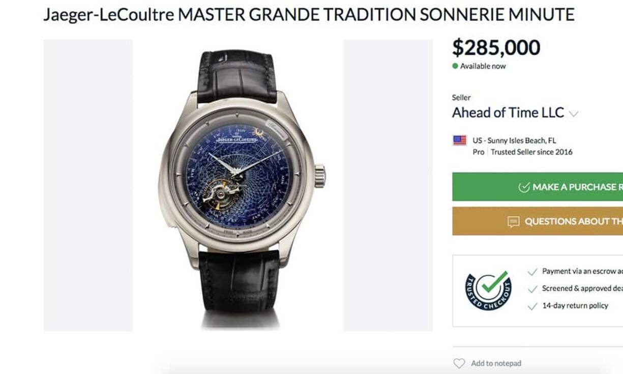 10. Jaeger-LeCoultre Master Grande Tradition Grande Complication
Die technische Meisterleistung von Jaeger-LeCoultre mit fliegendem Tourbillon und Minutenrepetition gibt es laut diesem Inserat für 285'000 Dollar. In anderen Versionen, die ebenfalls auf der Seite angeboten werden, kann sie auch mehr als 400'000 Franken kosten.