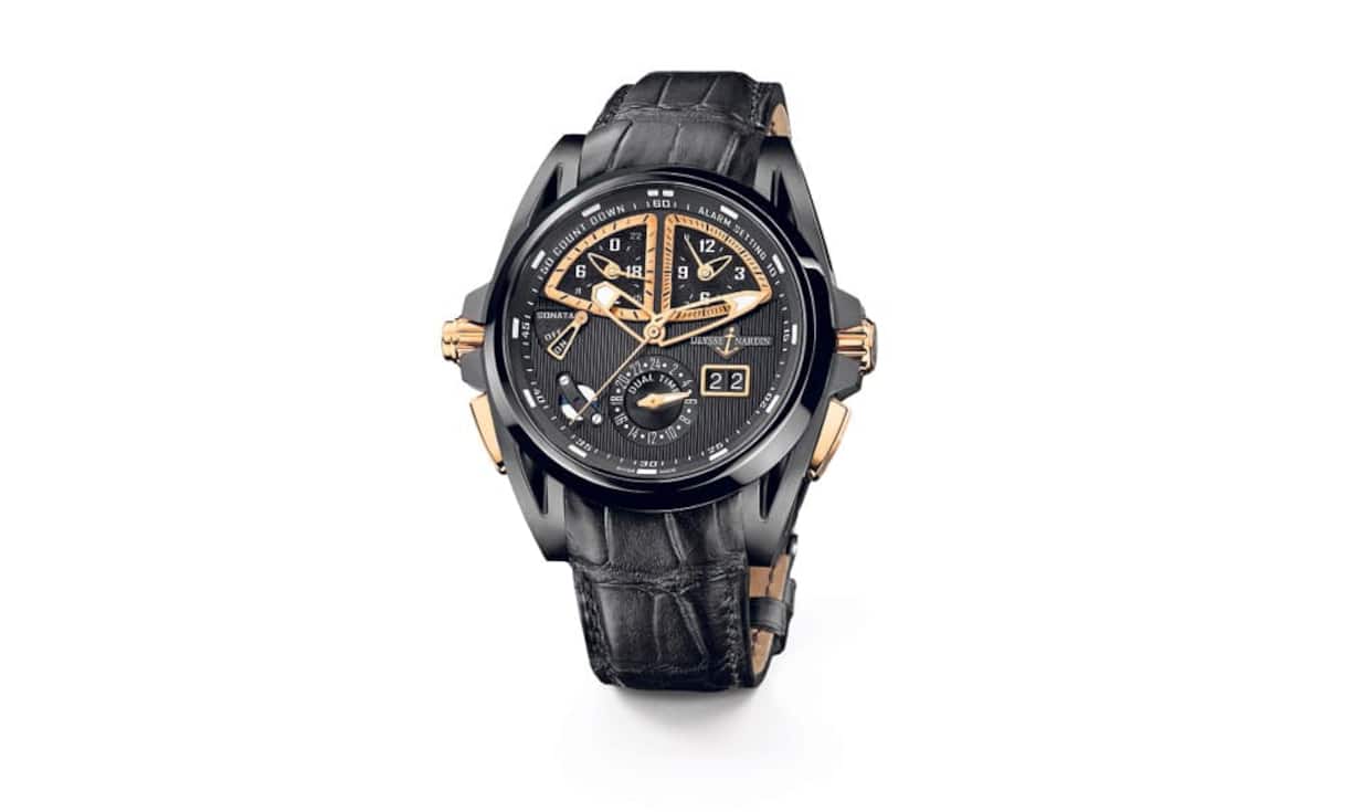 Ulysse Nardin: Vielreisende freuen sich, denn das Sondermodell aus der Sonata- Streamline-Familie bietet nützliche Komplikationen wie den innovativen Alarm/Wecker und vor allem eine zweite Zeitzone. Auch das Design mit der schwarzen Titaniumummantelung überzeugt. Limitierte Auflage: 8 Stück Preis: 41'800 Franken