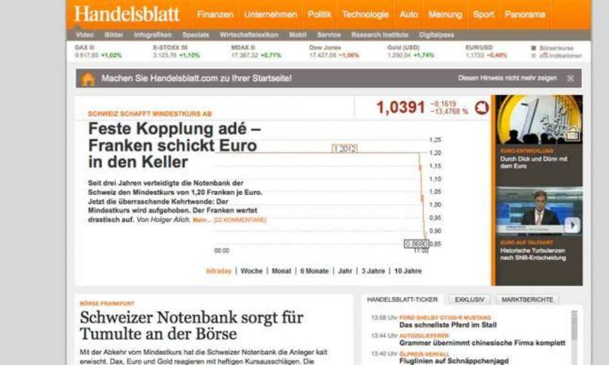 Handelsblatt, Deutschland. Die grösste Wirtschaftszeitung des Nachbarlandes räumt dem SNB-Entscheid auch sehr viel Platz ein.