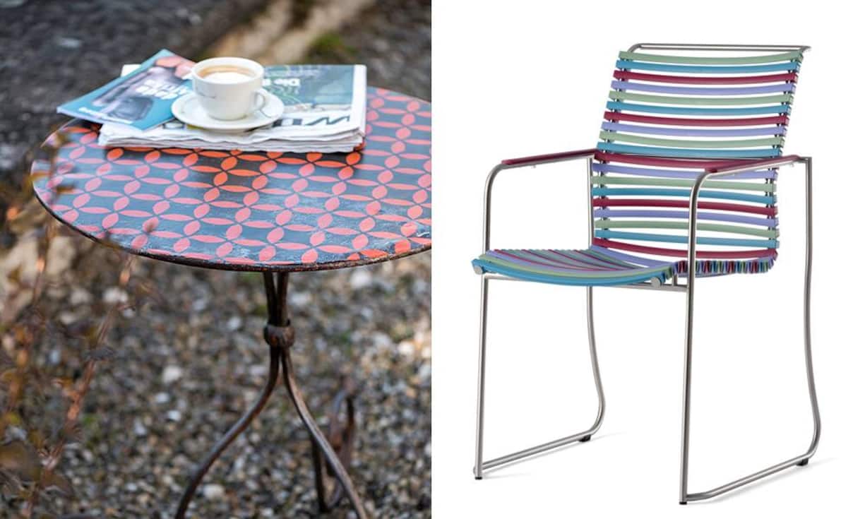 Altrimenti zeigt antike Kleinmöbel wie diesen Gartentisch (links), die zeitgemäss 
aufgefrischt werden. (Halle 1, Stand C07)Valencia heisst hingegen dieser Stuhl, der wie viele andere Gartenmöbel bei Spezialist Hunn in Bremgarten zu finden ist. (Halle 5, Stand D10)