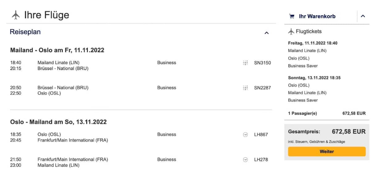 Mailand -Oslo Flug und zurück.
