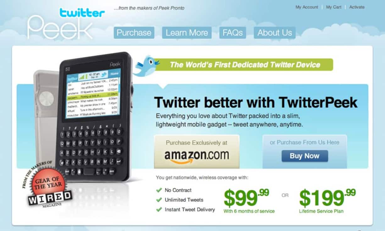 Twitter PeekDer Mini-Bildschirm dieses Twitter-Gadgets zeigte gerade mal 25 Zeichen an. Viel zu wenig, um die Twitter-Community 2009 zu überzeugen. Damals waren pro Tweet 140 Zeichen erlaubt.Chris Messina/CC/Flickr