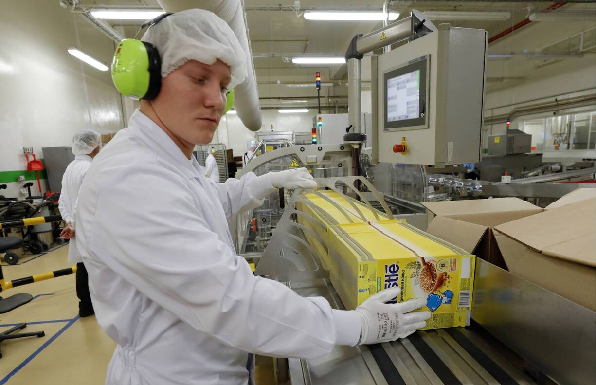VOLOGDA, RUSSIA - OCTOBER 12, 2017: Packaging line at the Nestle infant cereals factory. Mikhail Japaridze/TASS (Photo by Mikhail Japaridze\TASS via Getty Images)