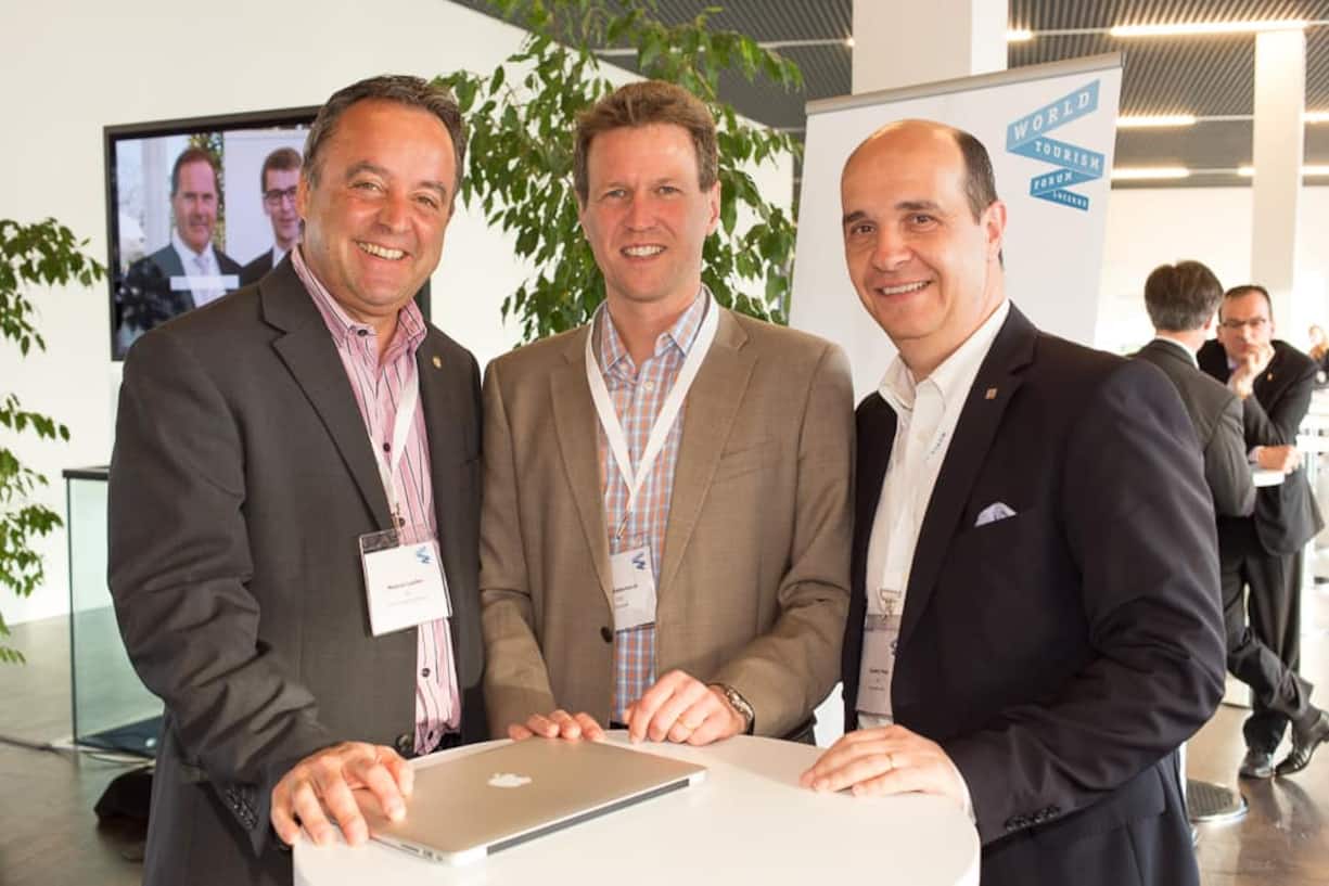 Maurus Lauber, CEO, Swiss Travel System AG; René Estermann, CEO, myclimate; Gaudenz Thoma, CEO, Graubünden Ferien