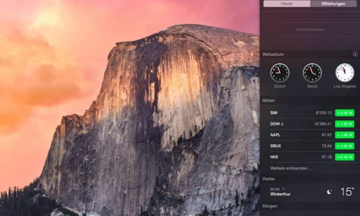 Mitteilungszentrale zeigt mehr Informationen an als im Vorgängersystem. Neben dem Terminkalender können nun Widgets einbinden. Diese kleinen Programmfenster aktualisieren sich selbstständig und zeigen beispielsweise das Wetter, Aktienkurse oder einen Rechner an.