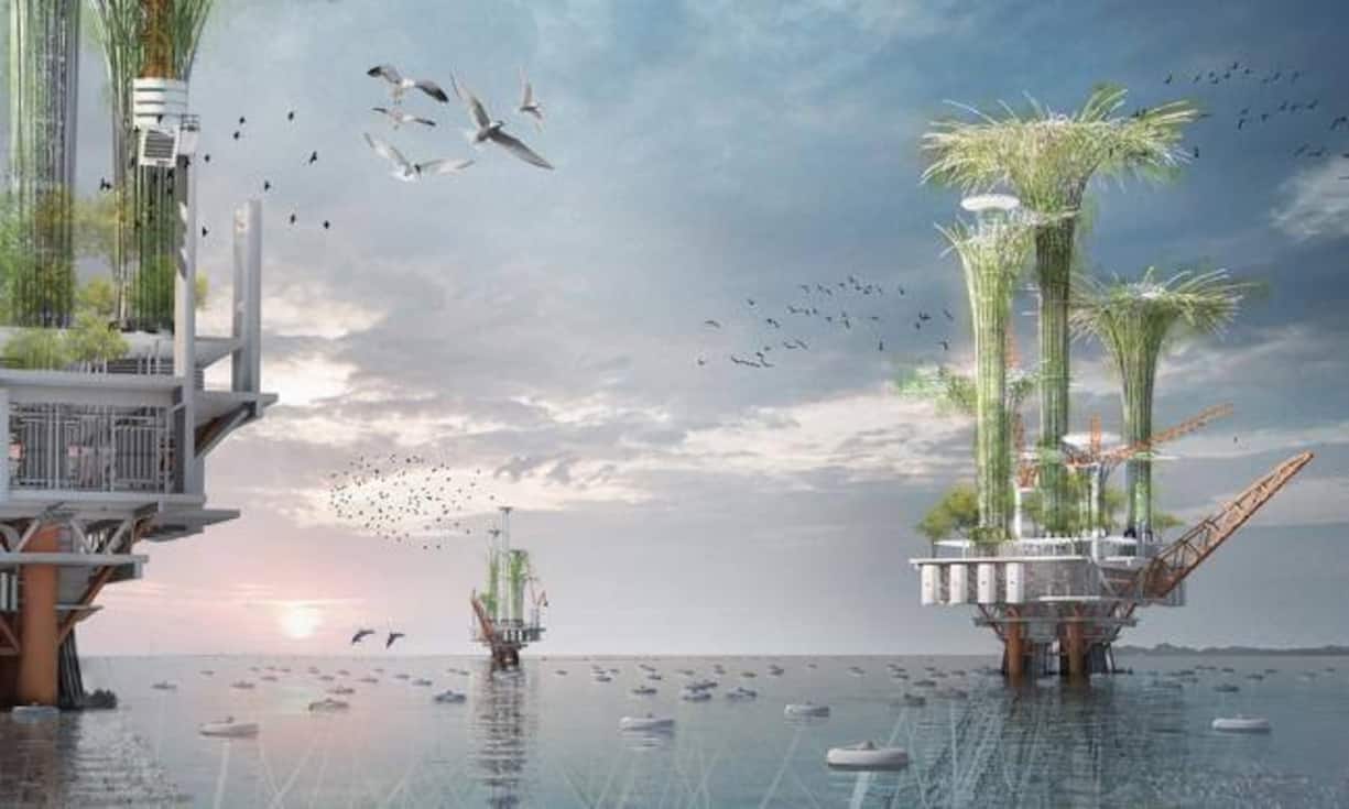 Noah Oasis: Eine weitere Zukunftsvision sieht Öltürme als künftige «Bio-Habitate». Schwimmer fangen ausgetretenes Öl sofort auf. Dieses wird verarbeitet und zum Aufbau eines unterseeischen Lebensraumes genutzt.