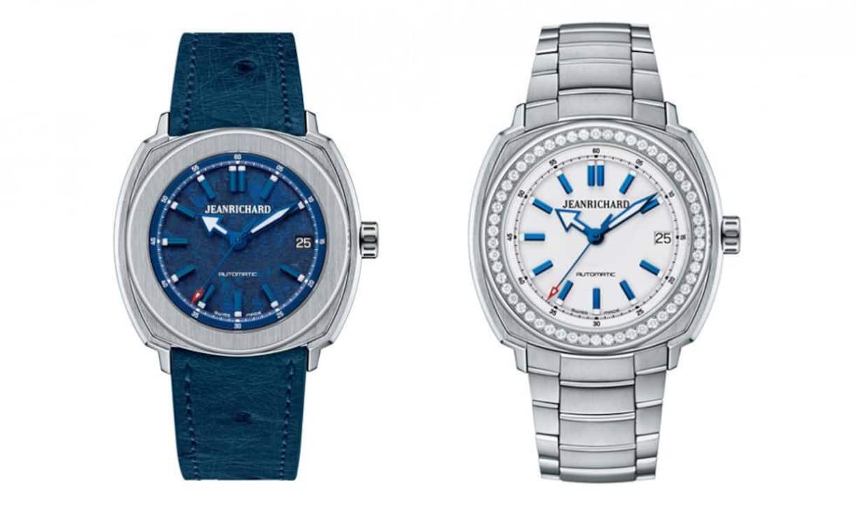Bei Jeanrichard kommt die Kollektion Terrascope in verkleinerter Form auf 39 Millimeter. Die lässige Version für den Tag besitzt ein Edelstahlgehäuse, ein blaues Straussenlederarmband und ein grob strukturiertes Zifferblatt. Zusätzlich gibt es noch eine elegantere Ausführung mit einem mattweissen Zifferblatt, das mit blauen Indexen versehen ist, einer mit 54 Diamanten besetzten Lünette und einem Edelstahlarmband.Jeanrichard