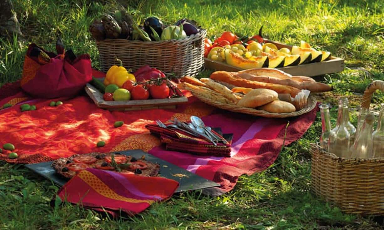 Auch im Freien will der Tisch oder der Picknickplatz schön gedeckt sein. Man wähle also ein möglichst grosses und farbenfrohes Tuch, wie sie von der französischen Textilmanufaktur Le Jacquard Français hergestellt werden. Bei der in warmen Farben gehaltenen Kollektion Provence, bestehend aus Tischtuch, Sets und Servietten, vermischt sich die schlichte Eleganz eines floralen Motivs mit der Wirkung von gewebten Stickereien. www.le-jacquard-francais.fr