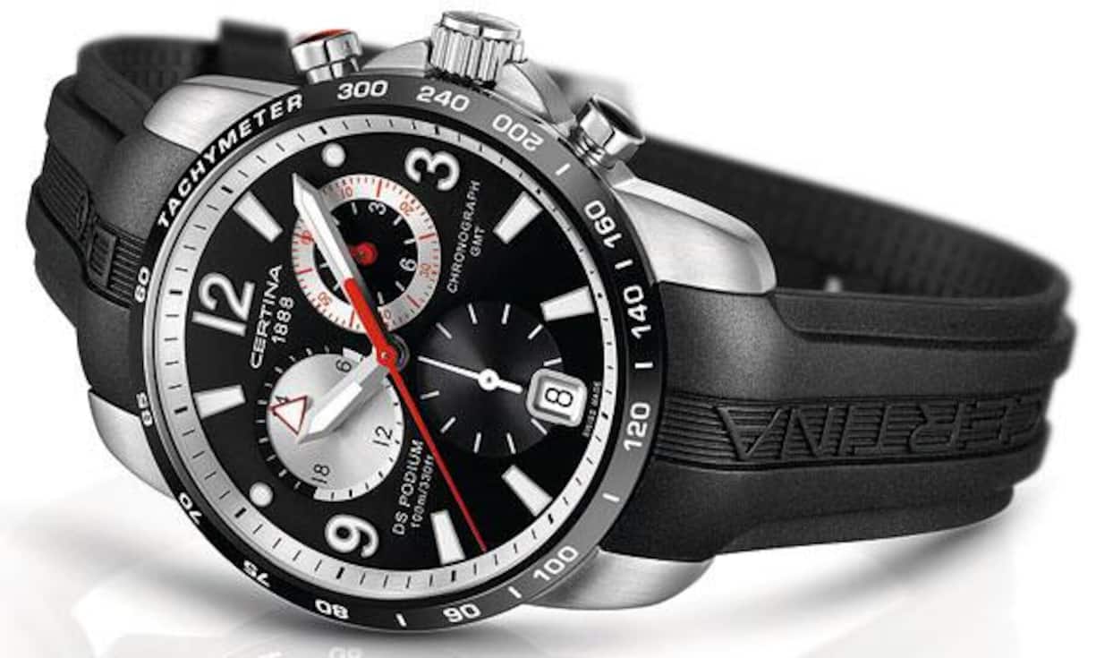 Unschlagbares Angebot: Unter dem dynamischen Adrian Bosshard bekennt sich Certina zu einem unschlagbaren Preis-Leistungs-Verhältnis. Spitzenreiter im preisaktiven Certina-Angebot ist die DS Podium GMT Chronograph. Die vielseitige Uhr mit dem hohen Nutzwert glänzt mit starken ästhetischen Qualitäten, einem Kautschukband sowie einem Saphirglas. 570 Franken.