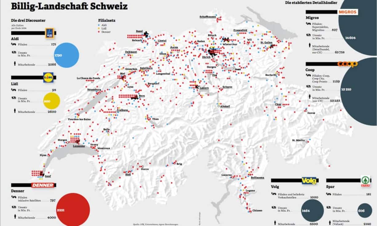 Billiglandschaft Schweiz: Die Karte zeigt, wo die Discounter in der Schweiz zu finden sind.