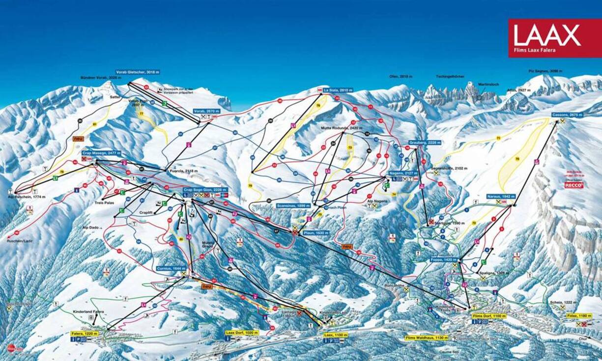 Gleich teuer wie die neue Region Arosa-Lenzerheide präsentiert sich der Kantonsnachbar Laax-Flims-Falera: 235 Pistenkilometer sind zehn mehr – dafür ist die Tageskarte mit 73 Franken auch vier Franken teurer. Ergibt wie in Arosa-Lenzerheide einen Schnitt von 31 Rappen pro Kilometer.