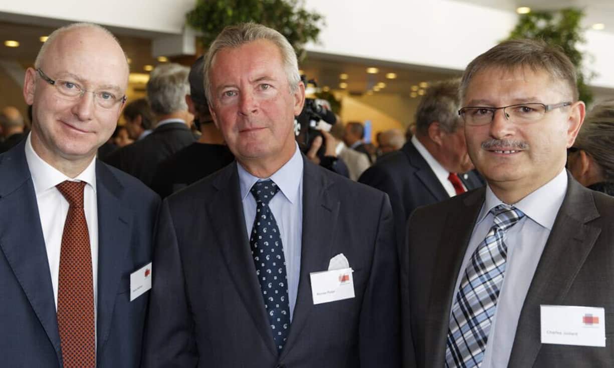 v.l.n.r. Blaise Matthey; Fédération des Entreprises Romandes Genève (FER) Directeur général Vorstandsmitglied economiesuisse, Nicolas Pictet; Association des Banquiers Privés Suisses Président, Charles Juillard; Le Gouvernement jurassien Ministre du DFJP