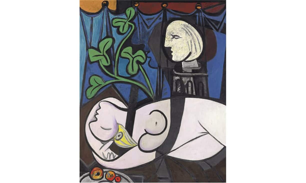 Platz 8: Pablo Picasso – «Akt mit grünen Blättern und Büste» (1932)
Das im Hochformat angelegte, 162 mal 130 Zentimeter grosse Bild soll Picassos Geliebte und Modell Marie-Thérèse Walter zeigen. Das Gemälde entstand während eines einzigen Tages. 2010 wurde es bei Christie's versteigert und erzielte einen Preis von 106,5 Millionen Dollar.