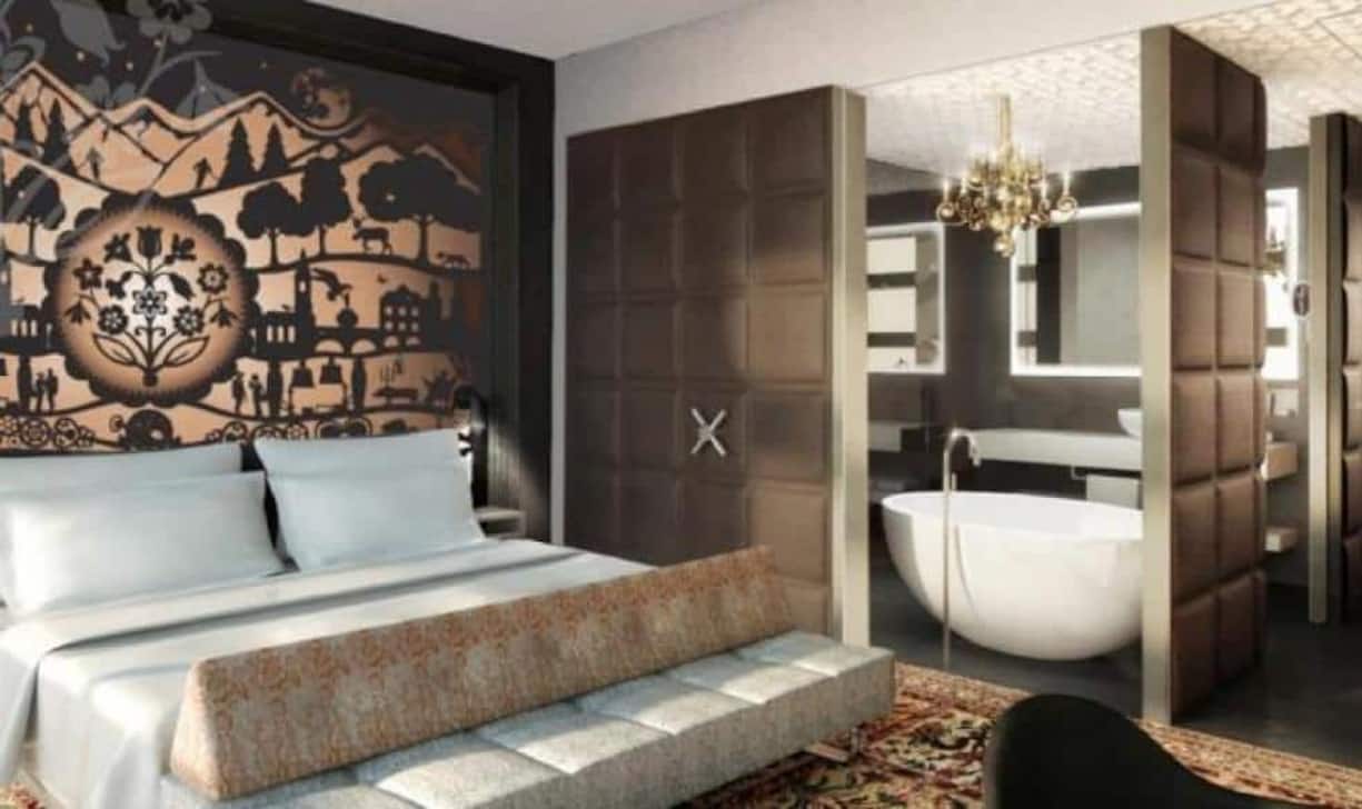 Die Zimmerwände erinnern an Schokoladetafeln.