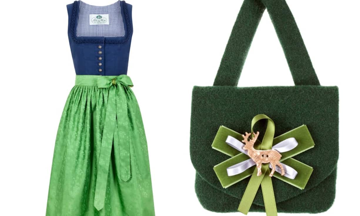 Heimatwerk Blaues Dirndl aus Leinen/BW mit grüner Schürze, Dirndl 199,95 Euro und Schürze 79,95 EuroVinzenz & Vincent grüne Filztasche mit Reh- und Schleife 49,95 Euro