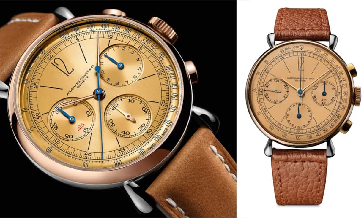 Die (Re)master01 (l., Original r.) im Stahlgehäuse, mit Lünette, Krone und Drückern aus 18-Karat-Rotgold und champagnerfarbenem Zifferblatt. Im Innern das AP-Kaliber 4409. Limitiert auf 500 Stück. 53 400 Fr.