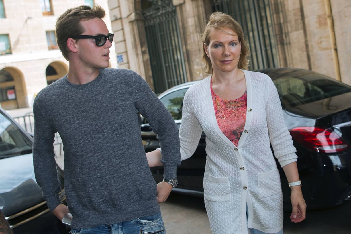 Olympique de Marseille's current owner Margarita Louis-Dreyfus (R) arrives with her son Kyril at the City hall of Marseille to attend a press conference