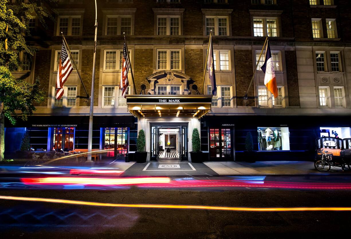 A street view of the atrium entrance of The Mark Hotel, NYC