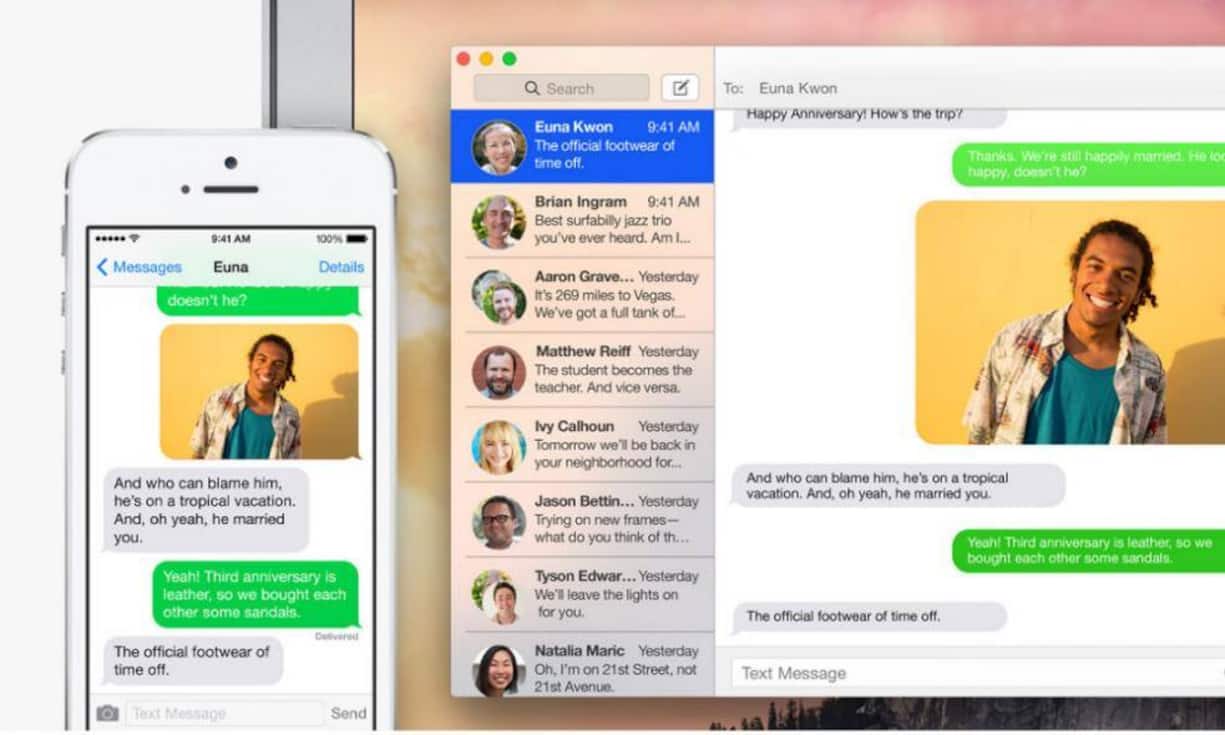 Eine Unterhaltung wird mit dem neuen OS X Yosemite auf allen Geräten vollständig angezeigt. Dies beinhaltet auch SMS und MMS.