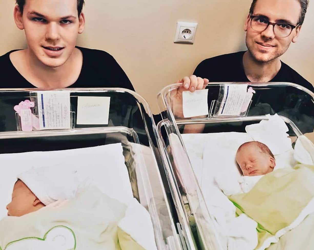 Cyril (l.) unfd Eric Louis Dreyfus  (Soehne von Margarita Louis Dreyfus) besuchen die beiden Halbschwestern Isabella und Arina im Spital. (2016)