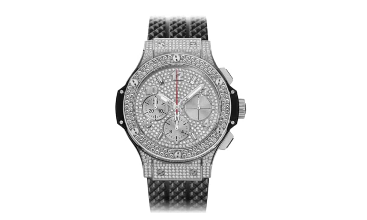 Wie immer nicht zu übertreffen: Hublot Big Bang Full Pavé, aber mit einem bescheidenen Gehäuse aus Edelstahl. Was die Uhr nicht weniger spektakulär macht.