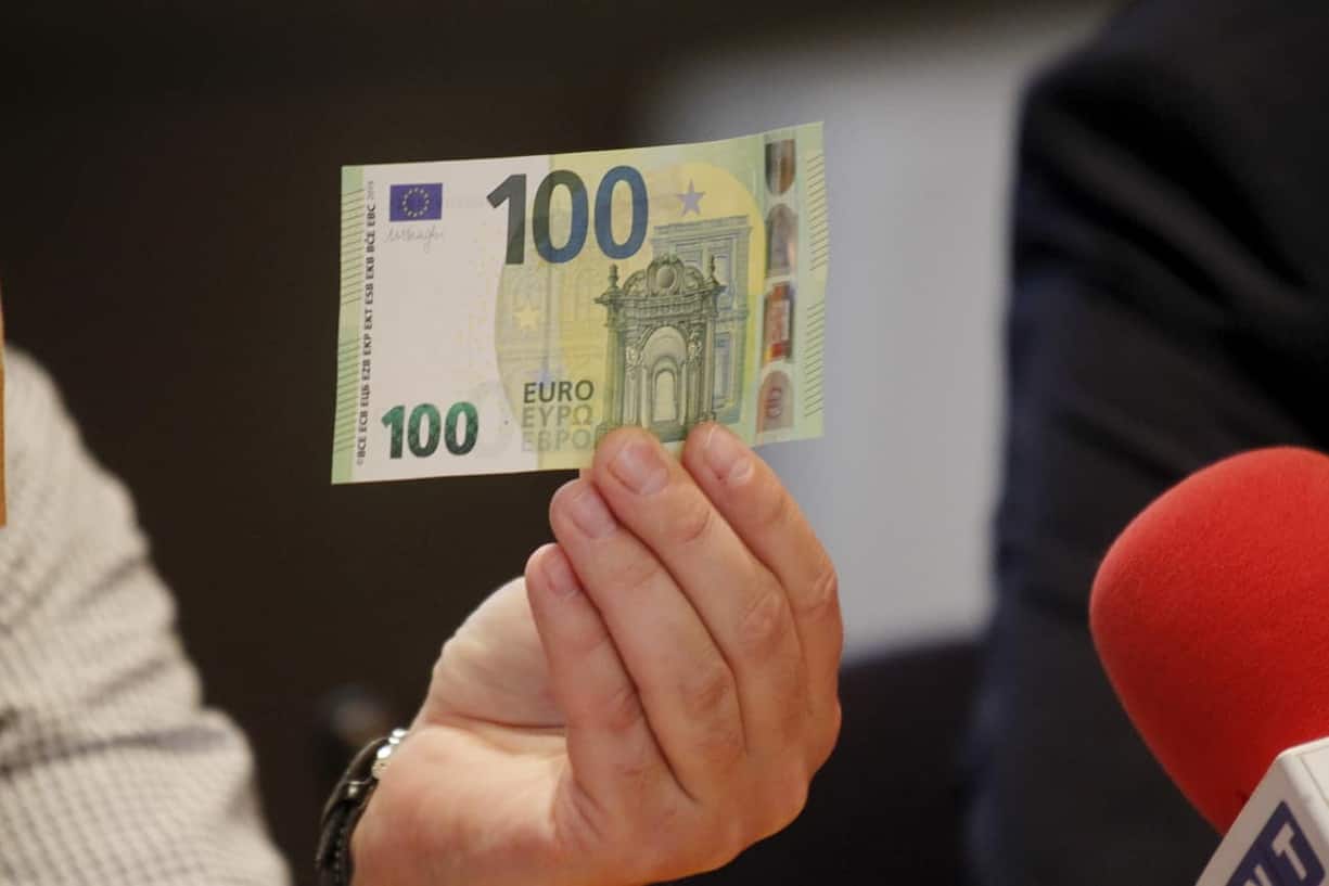 epa07596697 A view of new 100 euro banknote in Riga, Latvia, 24 May 2019. Latvia will be launching new 100 euro and 200 euro banknotes On 28th May 2019. These are the latest European series of banknotes with refurbished design and advanced security features. EPA/Toms Kalnins