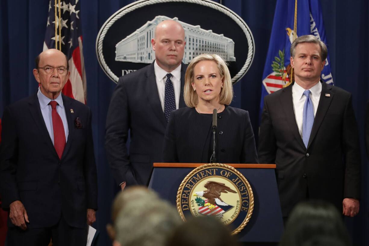 WASHINGTON, DC - JANUARY 28: (L-R) U.S. Commerce Secretary Wilbur Ross, acting Attorney General Matthew Whitaker, Homeland Security Secretary Kirstjen Nielsen and Federal Bureau of Investigation Director Christopher Wray announce new criminal charges against Chinese telecommunications giant Huawei at the Department of Justice January 28, 2019 in Washington, DC. The Justice Department is charging Huawei and its American affiliate with theft of trade secrets, wire fraud, and obstruction of justice.