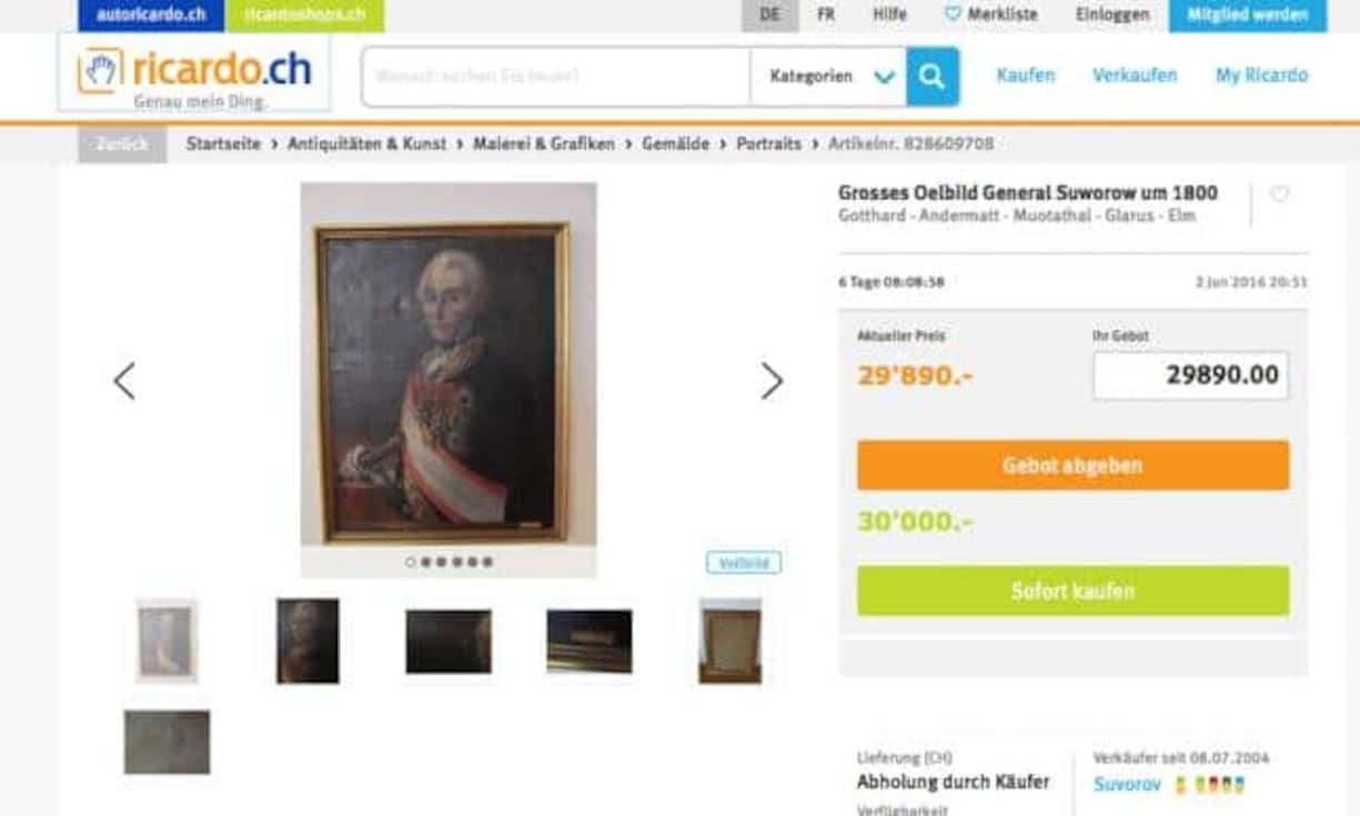 Bei Ricardo gibt es ebenfalls einige hochpreisige Artikel zu kaufen. Für dieses Ölgemälde des russischen Strategen Alexander Suworow will das Suworow-Museum in Linthal rund 30'000 Franken.