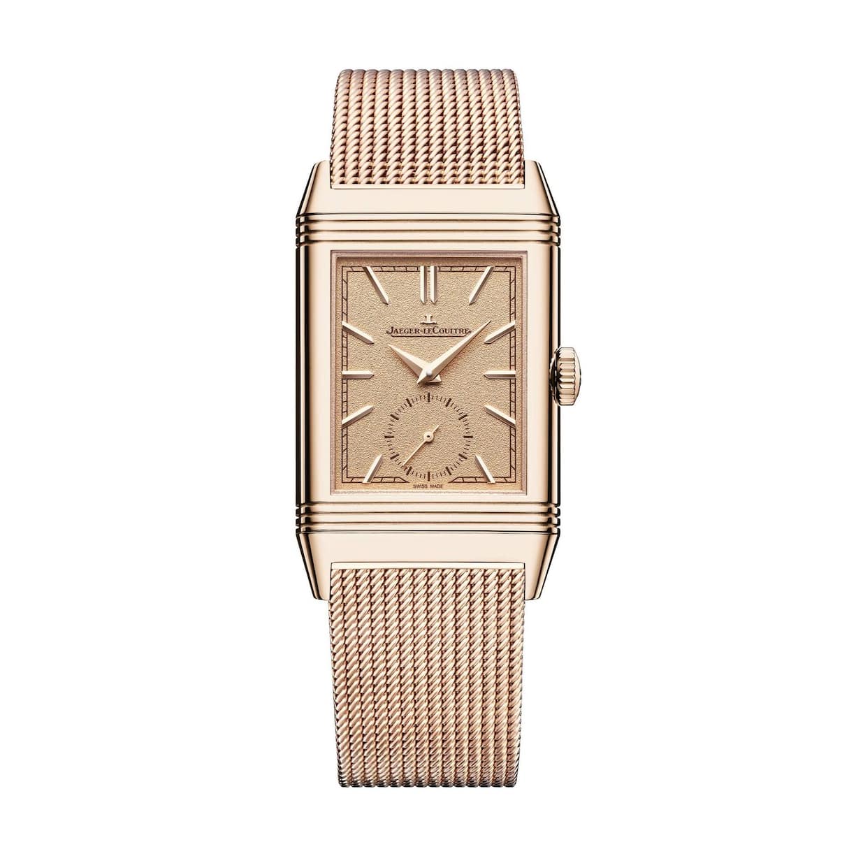 Reverso Tribute Monoface Small Seconds mit Milanese-Armband in Rotgold, Handaufzug, 37’800 Franken.