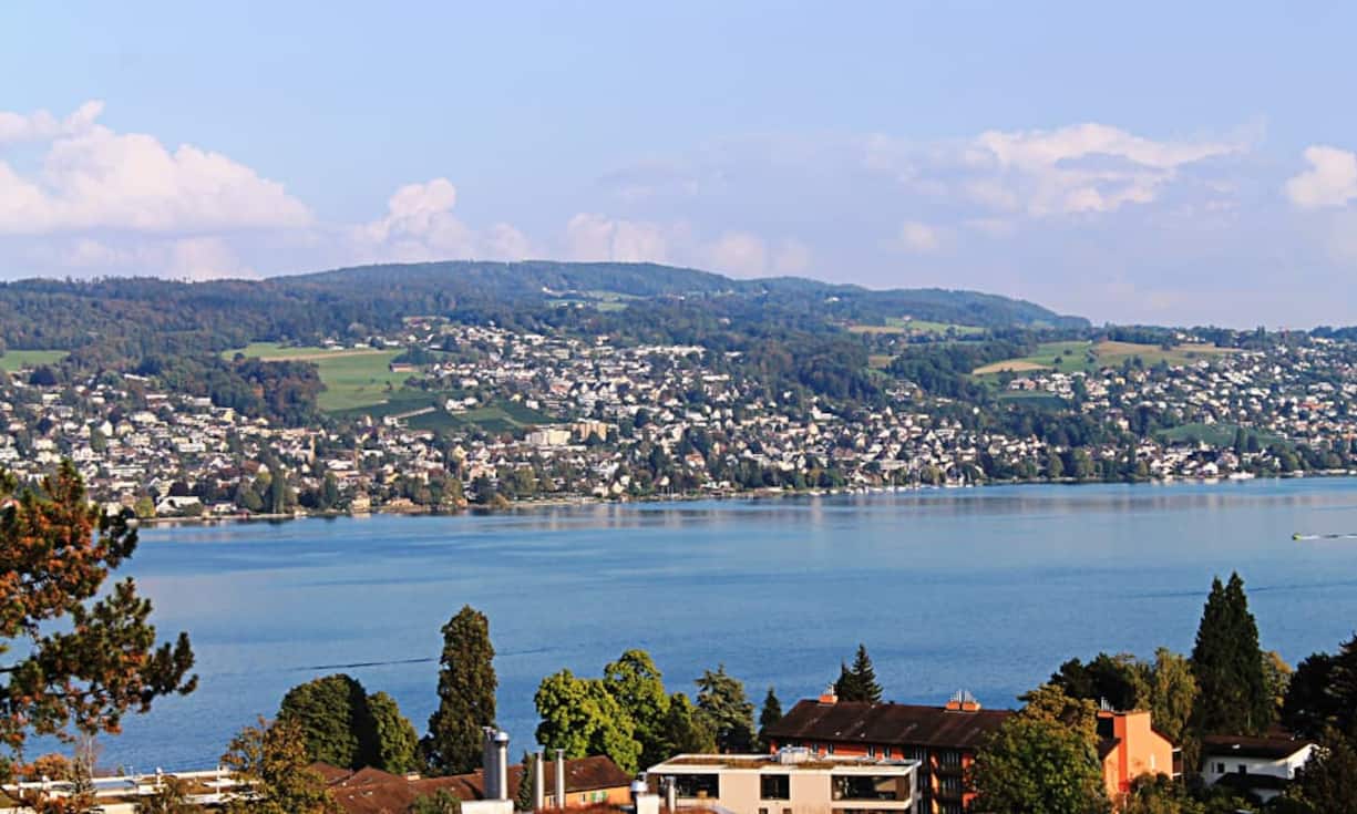 Nur 6 Kilometer von Zürich entfernt kann man diesen Ausblick auf die gegenüberliegende Seeseite geniessen.