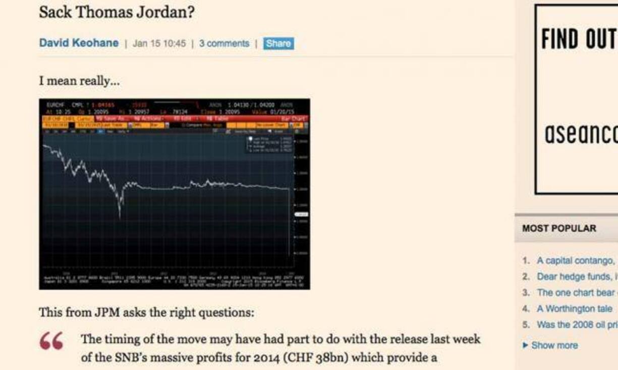 Financial Times, Grossbritannien: ... in einem Kommentar holt sie dann schärfere Worte hervor. «Thomas Jordan entlassen? Also wirklich...», schreibt der Autor und fragt, ob die SNB nun noch glaubwürdig sei.