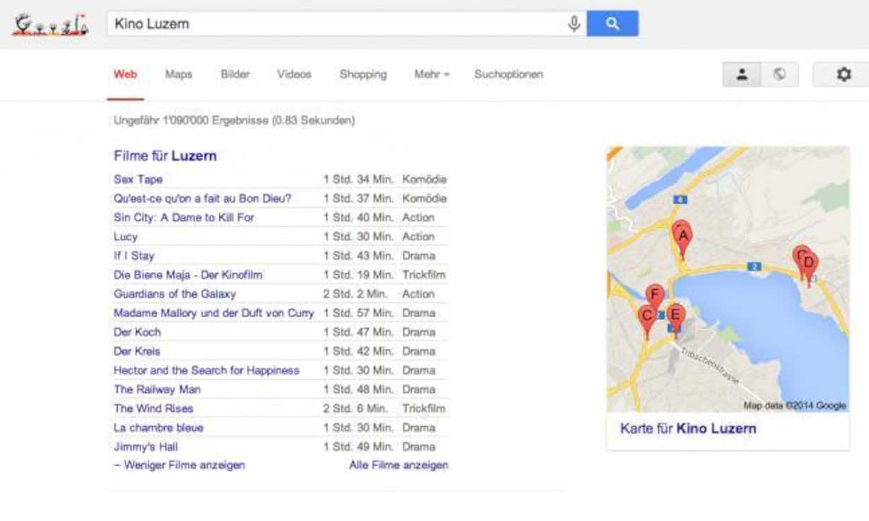 Kinos und Restaurants
Google zeigt nicht nur die Kinostandorte an, sondern auch welche Filme aktuell gespielt werden. Neben Kinos und Restaurants sind auch weitere Geschäfte auffindbar.