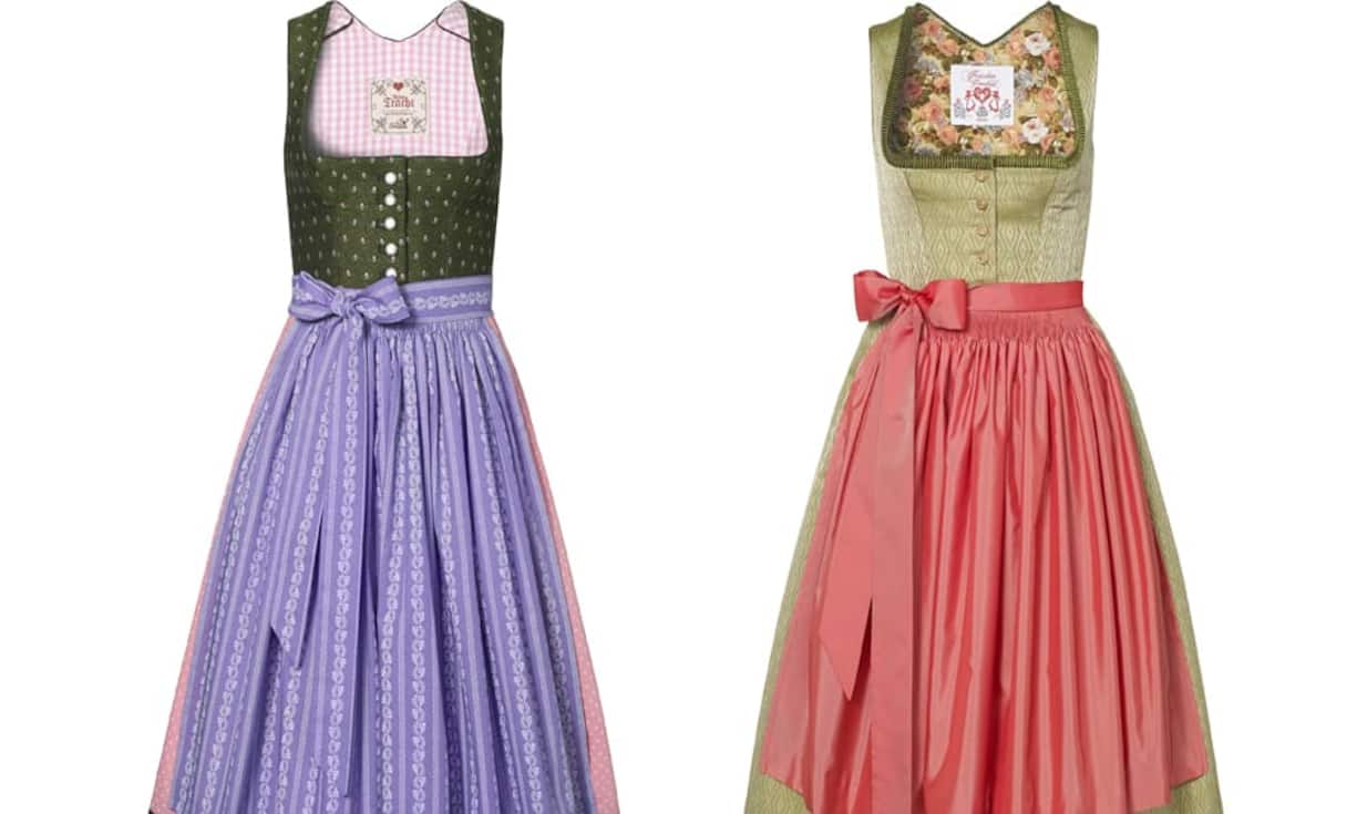 links: Fräulein Trentini Dirndl aus Baumwolle in Grün- Rosé mit lila Schürze 699 Eurorechts: Fräulein Trentini Dirndl in Lindgrün mit apricotfarbener Schürze 699 Euro