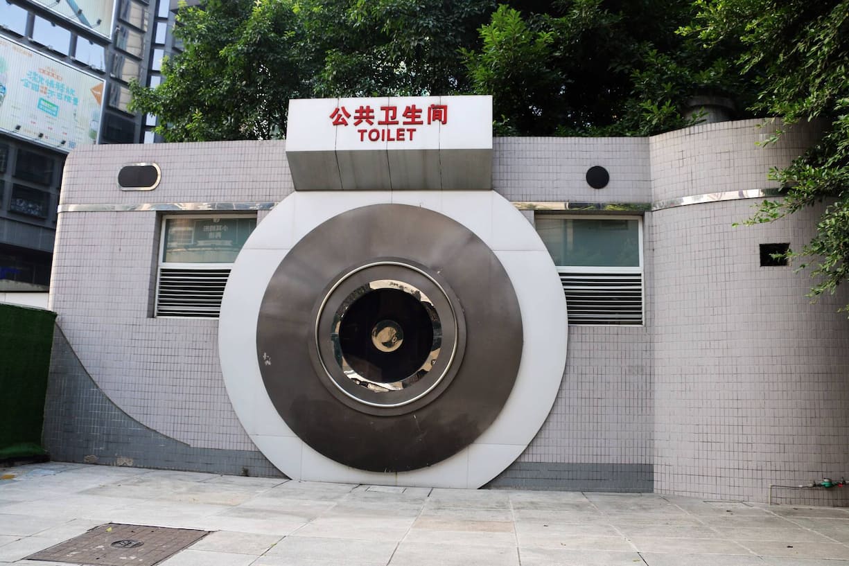 CHONGQING, CHINA - AUGUST 07: A camera-shaped public toilet is seen at Shiqiaopu Street on August 7, 2018 in Chonqging, China. Chongqing municipal government made creative public toilets in various shapes to address people's problems. (Photo by VCG)