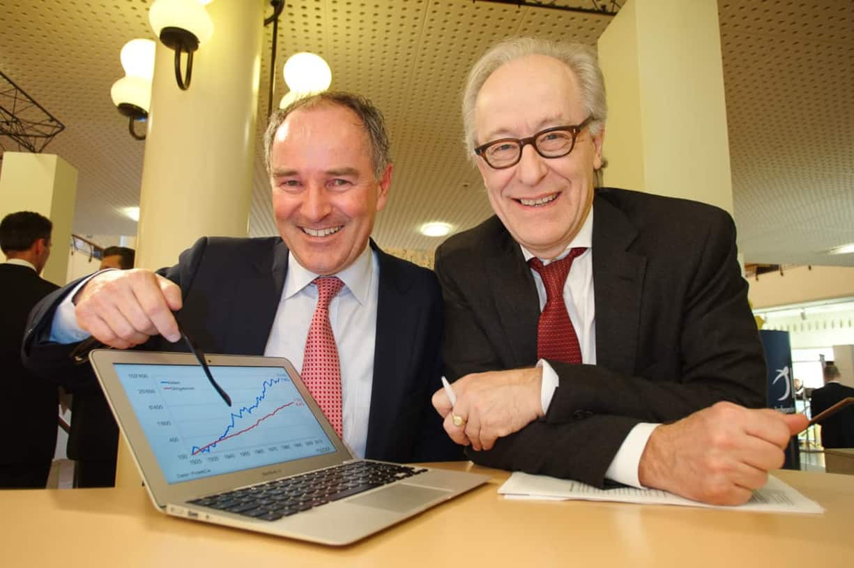 Professor erklärt Publizist das Geschäftsmodell seiner neuen Firma fintool AG: Erwin W. Heri, Professor für Finantheorie an der Uni Basel, Medard Meier, Publizistischer Berater