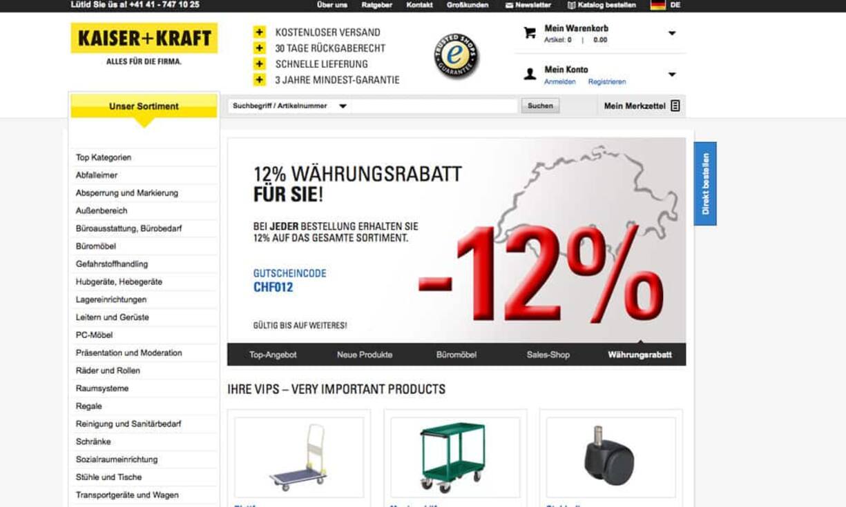 B2B - Online-Shops
kaiserkraft.ch
Der Büro- und Betriebsausstatter überzeugte nicht nur mit seiner Reichweite, sondern auch mit der gesamten  User-Experience.  Ein weiteres Beispiel, wie die bewährten Anforderungen aus dem B2C-Bereich auch bei B2B erfolgreich Einzug halten. Beim B2B-Gewinner zudem überzeugend und innovativ gelöst ist die effiziente Auswahl alternativer Artikelvarianten, die man so selten gesehen hat.