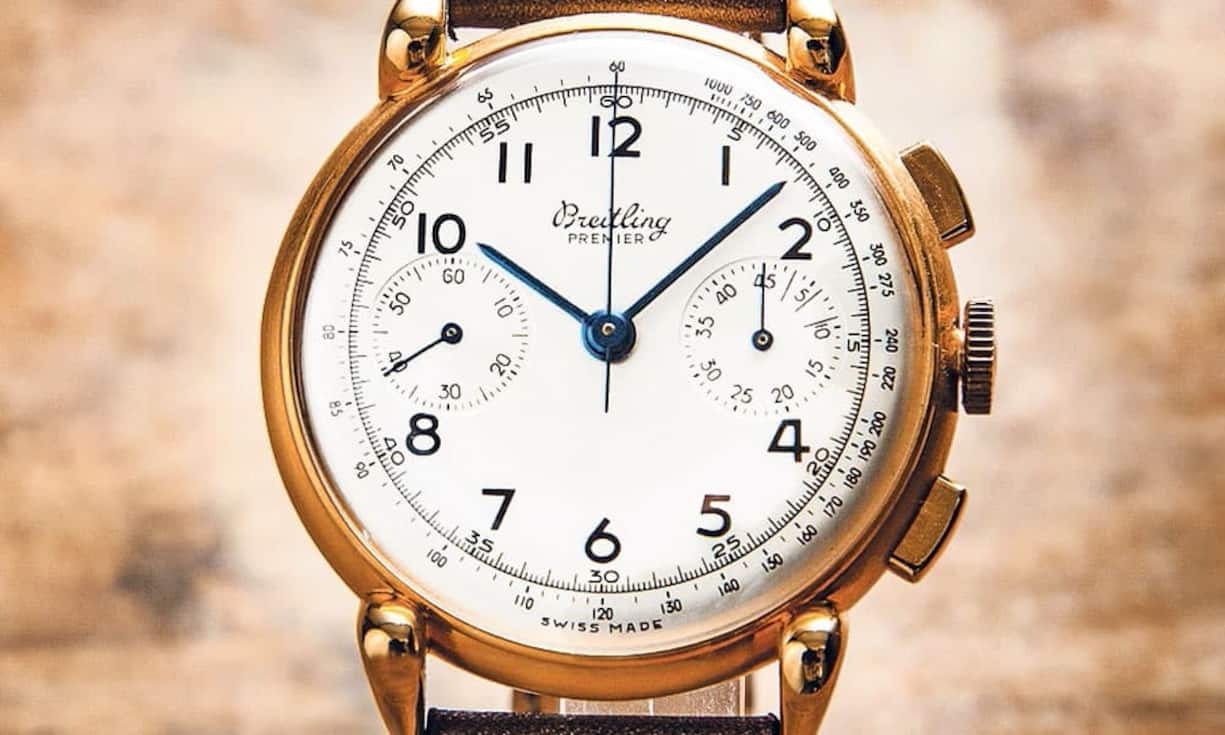 Breitling 1950: Chronograph Premier (Ref. 797) 
Schaltrad- Stoppuhr mit Handaufzugwerk (Kaliber 14) und mit Tachymeter-Anzeige. Gehäuse in 18-Karat- Rotgold. Durchmesser 36 Millimeter. Zwei rechteckige Chronographen-Drücker. Versilbertes Zifferblatt mit schwarz emaillierten, arabischen Stundenindikatoren. Bei der 3 ein 45-Minuten-Chronographen- Register mit 3-Minuten-Telefon-Einheiten. Gebläute Stahlzeiger. Preis: 15 800 Franken Bilder: Tina Sturzenegger