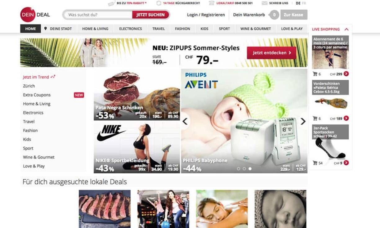 Der Champion 
deindeal.ch
Der 4. Swiss E-Commerce Champion heisst DeinDeal. Über 160 Kategorienbewerbungen sind eingegangen, von allen Kategoriensiegern (DeinDeal gewinnt die «Kategorie B2C – Lifestyle & Hobby») wurde DeinDeal als der Beste auserkoren. Professionalität, Konsequenz, Innovationsbereitschaft und Fokussierung, mit denen DeinDeal sein Geschäft betreibt, suchen in der Schweiz ihresgleichen, so das Urteil der Jury.