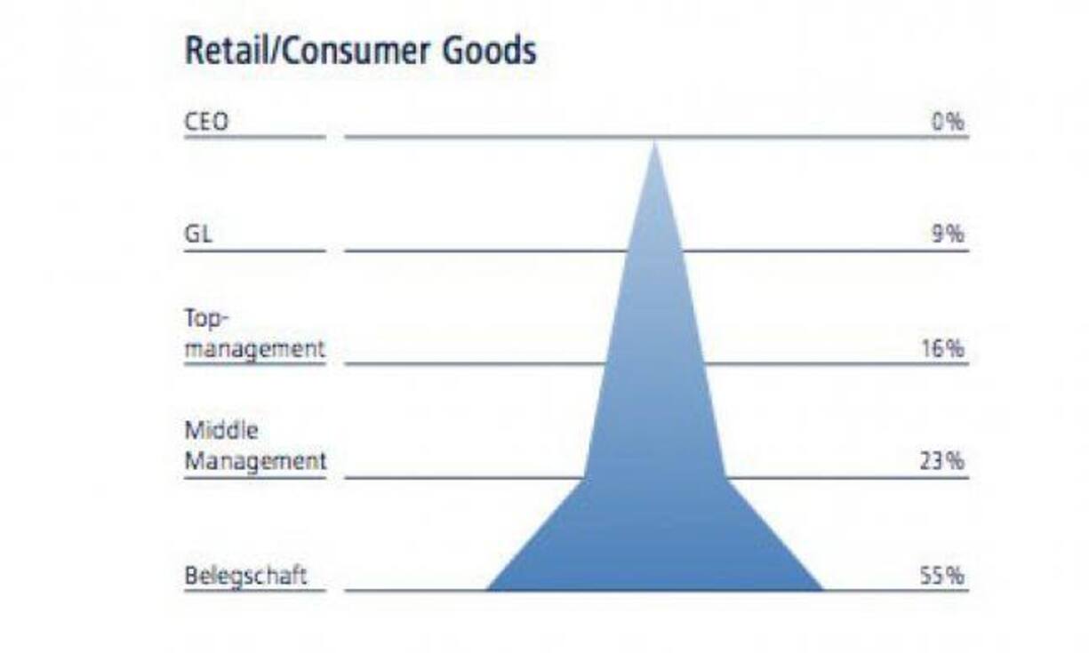 Detailhändler und weitere Konsumgüterunternehmen fallen in dieses Branchencluster. In keiner anderen Branche arbeiten so viele Frauen in der Belegschaft - der Anteil verjüngt sich allerdings mit steigender Hierarchiestufe deutlich.