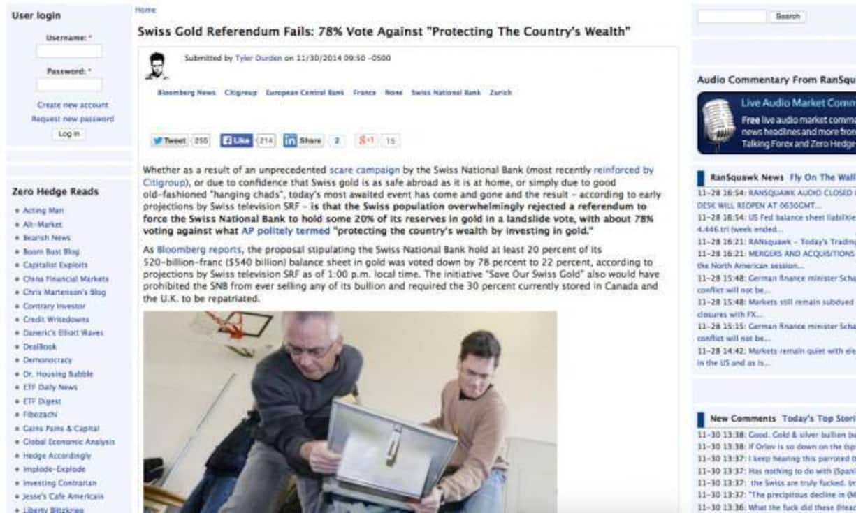 Auch der einflussreiche Finanz- und Newsblog «Zero Hedge» kümmert sich nicht um Zuwanderung oder Steuern. Die Gold-Initiative lässt sein Herz höher schlagen. Und nach dem Nein schreibt er, was bisher noch kaum erwähnt wurde: Paradoxerweise könnte das Gold-Nein den Franken stärken und damit die SNB (wieder) zur Intervention zwingen.