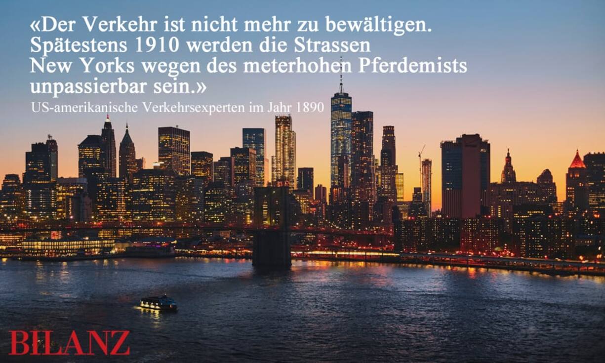 Was sich heute wie ein schlechter Scherz anhört, war Ende des 19. Jahrhunderts keine unbegründete Sorge: Die Pferde produzierten zu dieser Zeit allein in New York 136'000 Tonnen Dung pro Jahr. Heutzutage sorgt man sich über die mit Autos und über 13'000 Taxis verstopften Strassen der Metropole.
Unsplash