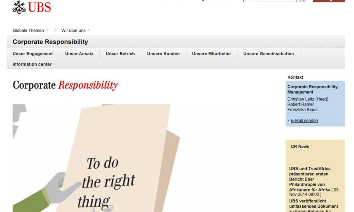 Platz 4: UBS (49,75 Punkte von maximal 100) Der regelmässige Bericht über Firmentätigkeiten im Bereich Nachhaltigkeit und soziale Verantwortung bietet auch eine Gelegenheit zum Dialog.
