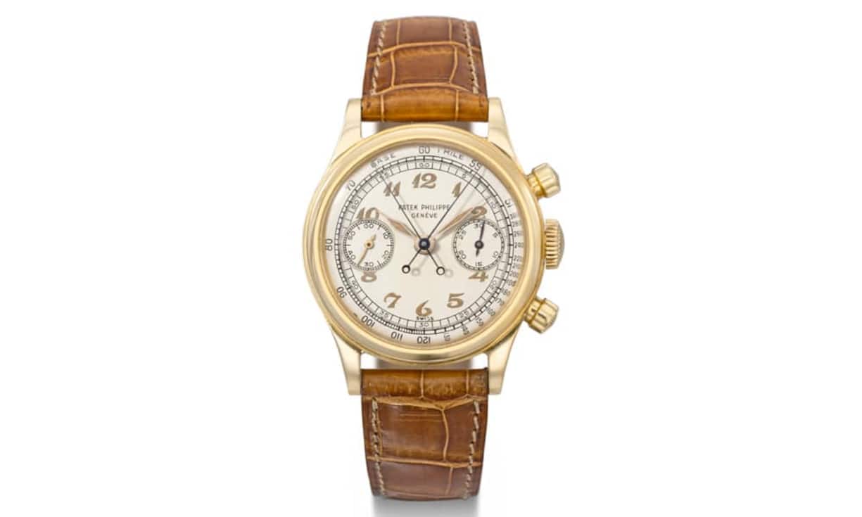 Patek Philippe (18K): Die Uhr von 1947 ist ebenfalls ein sehr seltenes Exemplar und sehr wertvoll. Sie besteht aus Gold und hat zwei Sekundenanzeigen. Die Angebotssumme bewegt sich zwischen 800'000 bis 1'400'000 Franken.