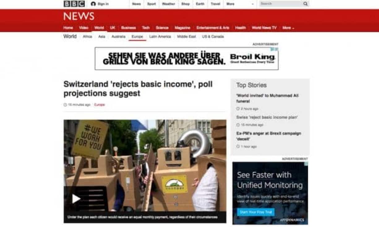 ... findet die Abstimmung Echo. Die BBC berichtet ebenfall über das Nein zum BGE. Bilder: Keystone/Screenshot