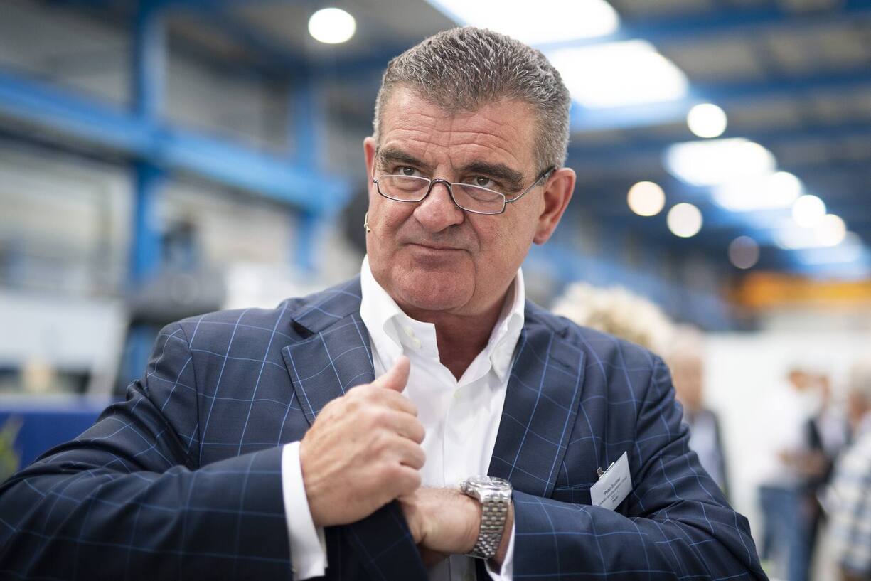 Peter Spuhler, Verwaltungsratspraesident und Group CEO ad interim von Stadler Rail, aufgenommen beim Roll-out des "Flirt" Zuges von Stadler Rail fuer die BLS AG, aufgenommen am Mittwoch, 9. September 2020, in Erlen. Stadler Rail liefert 58 Triebzuege an die BLS. (KEYSTONE/Gian Ehrenzeller)