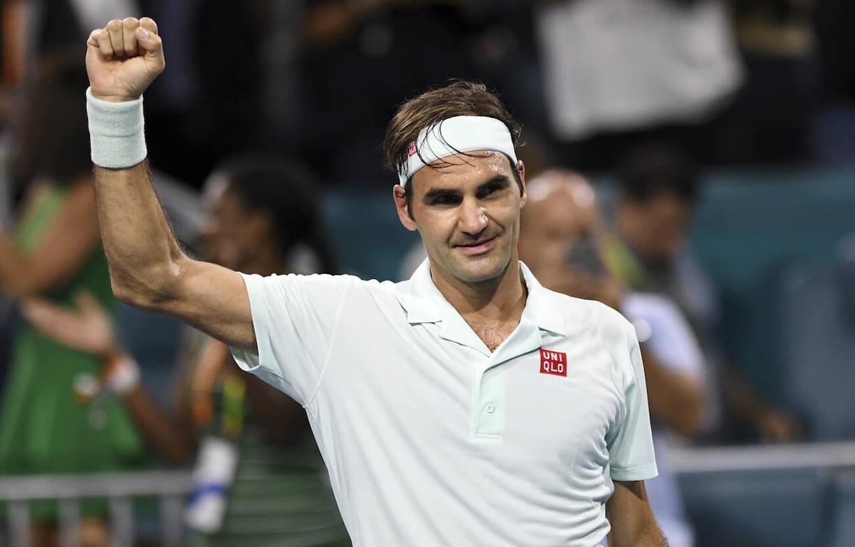 Roger Federer, of Switzerland, celebrates his 6-2, 6-4 win over Denis Shapovalov, of Canada, during the semifinals of the Miami Open tennis tournament Friday, March 29, 2019, in Miami Gardens, Fla. (AP Photo/Jim Rassol)