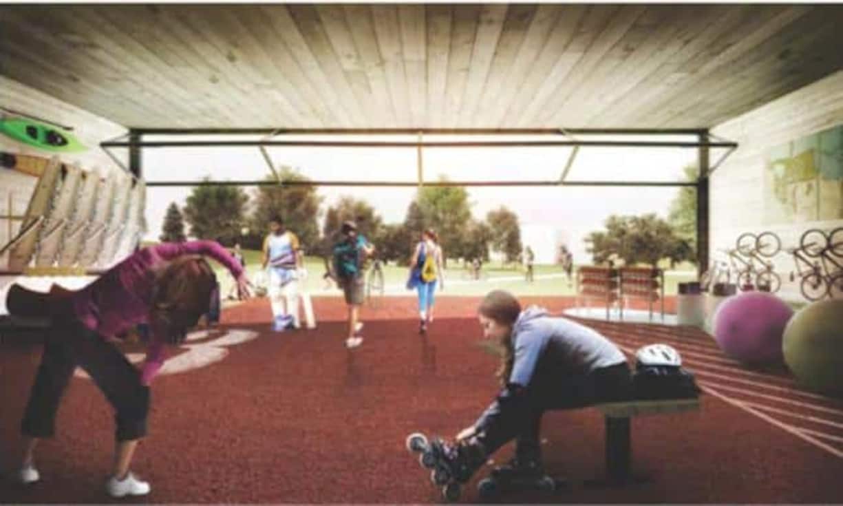 Auch ein Fitness-Raum für die Angestellten ist geplant. Neckisches Detail auf dem Bild: Die Google-Mitarbeiter tragen Armbanduhren mit dem hauseigenen Softwareprodukt Android.