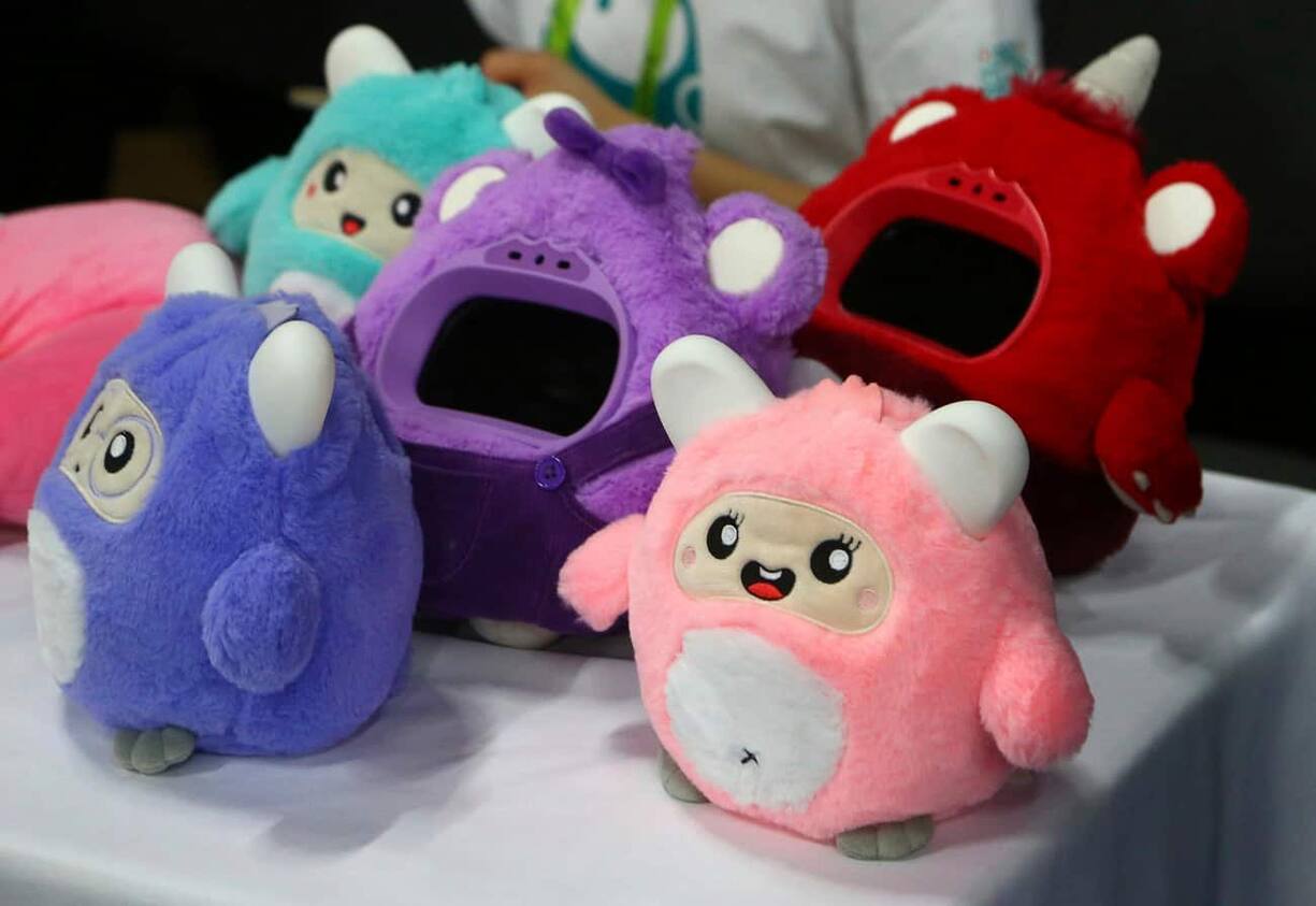 Woobo Inc. displays their stuffed animal interactive companion robots for kids that can answer questions and has other educational content, shown here at the CES Unveiled at CES International Sunday, Jan. 6, 2019, in Las Vegas. (AP Photo/Ross D. Franklin)